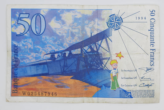 1994 Banque De France - 50 (Fifty) French Francs Banknote Serial No. W 025487946