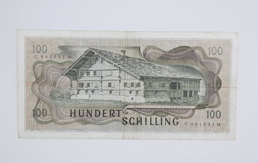 1969 - Austria, Austrian National Bank - 100 Austrian Schilling Banknote No. C 491531 M