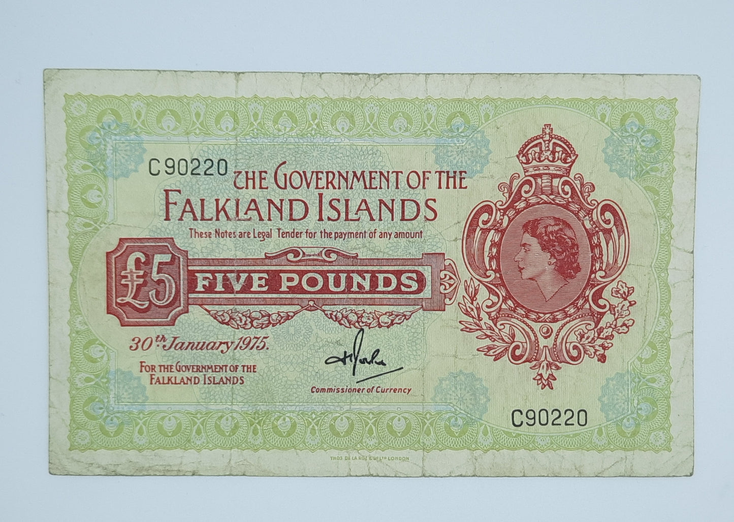 1975 - Falkland Islands Government - £5 (Five) Falkland Pounds FKP Banknote Serial No. C 90220 Pick 9B