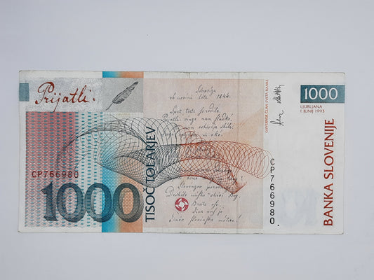 1993 Banka Slovenije, SLOVENIA - 1000 Slovenian Tolarjev Banknote Serial No. CP 766980