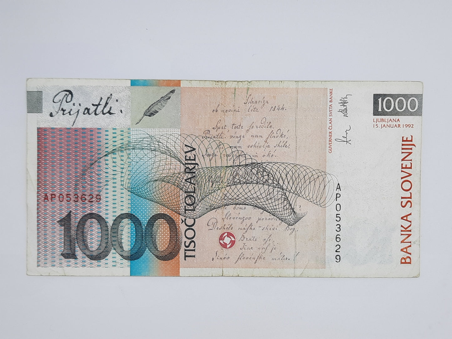 1992 Banka Slovenije, SLOVENIA - 1000 Slovenian Tolarjev Banknote Serial No. AP 053629