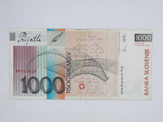 1992 Banka Slovenije, SLOVENIA - 1000 Slovenian Tolarjev Banknote Serial No. AP 053629