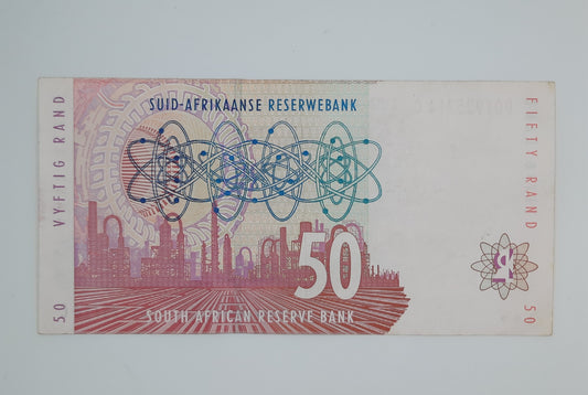 1992 South African Reserve Bank / 50 Rand ZAR Banknote, Bill No. DQ 1925714 C South Z