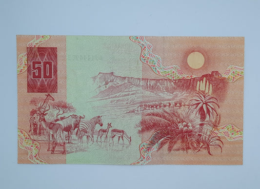 1990 South African Reserve Bank / 50 Rand ZAR Banknote, Bill No. AJ 4444902 E South Africa Rand