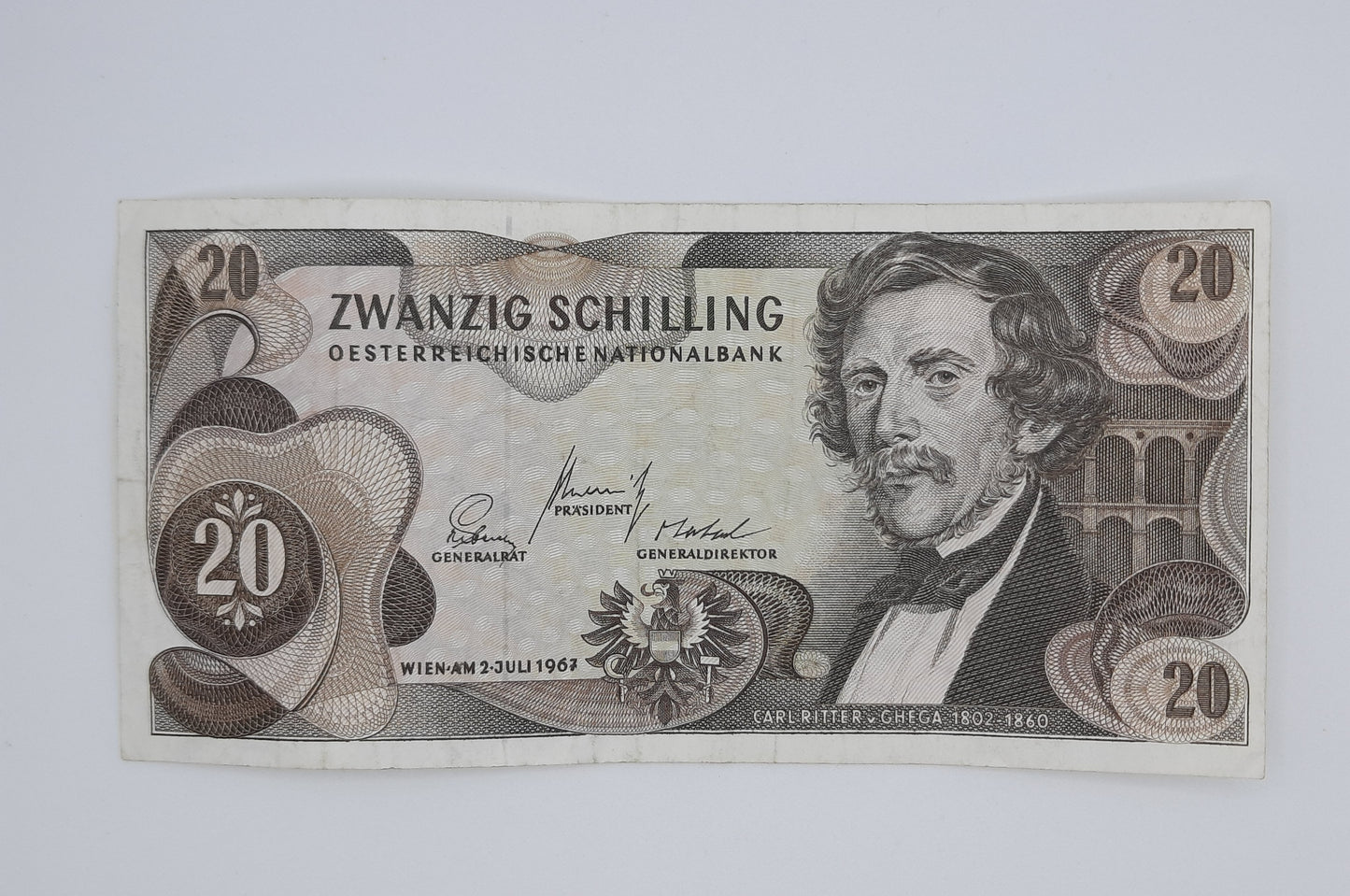 1967 Austria, Austrian National Bank - 20 Austrian Schilling Banknote No. T 082678 B P-142