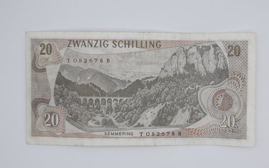 1967 Austria, Austrian National Bank - 20 Austrian Schilling Banknote No. T 082678 B P-142