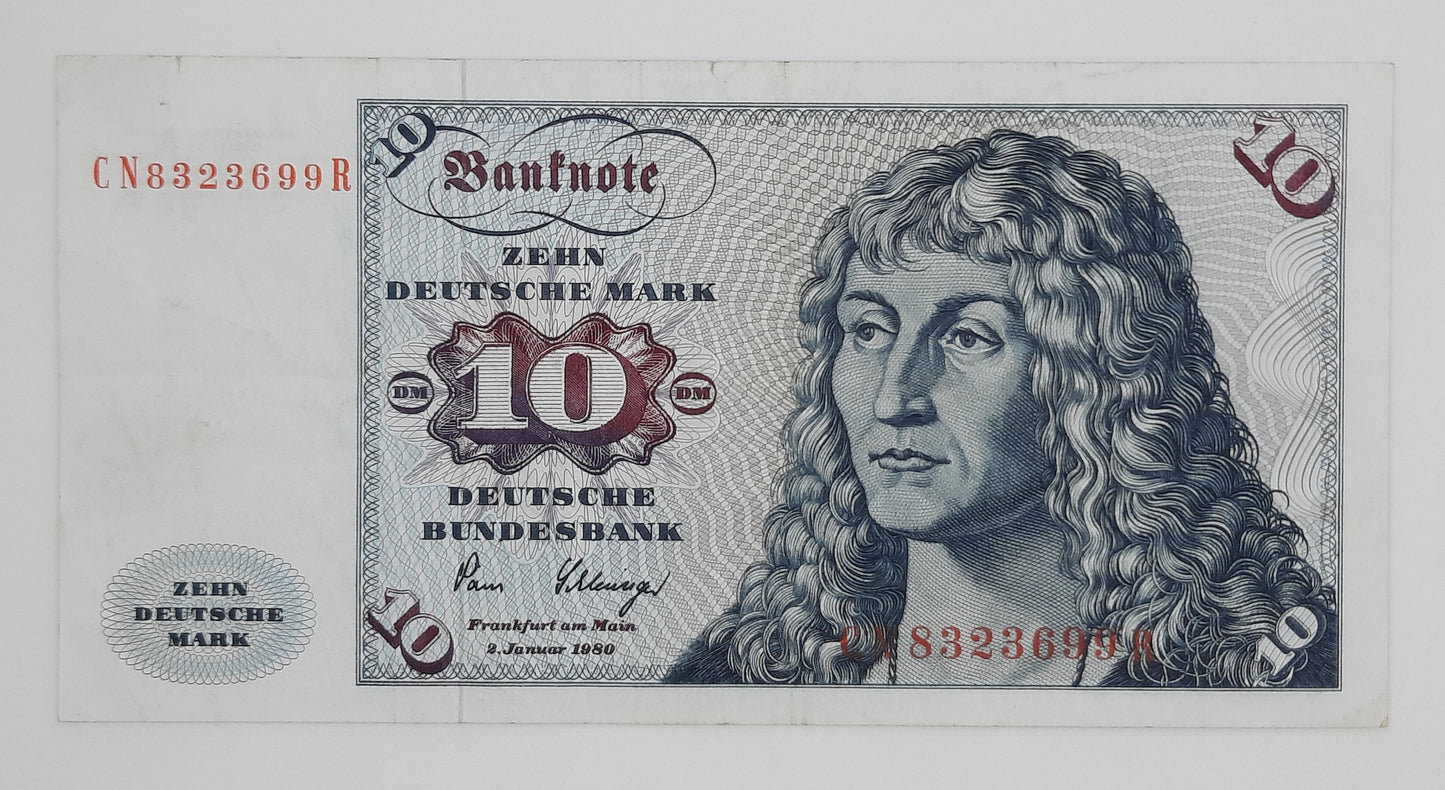 1980 Federal Republic of Germany BRD - 10 (Ten) German Mark Banknote Serial No. CN 8323699 R