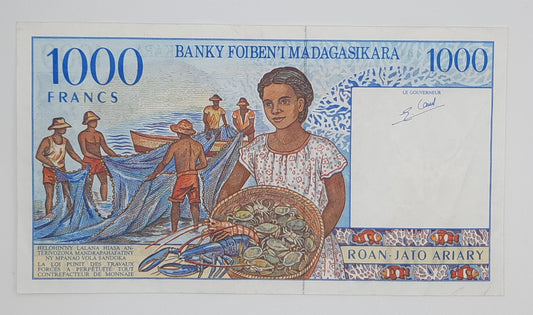 1995 Banki Foiben'i Madagascar (Central Bank of Madagascar)- 1000 Francs Banknote, Serial No. C 18893340 P-76