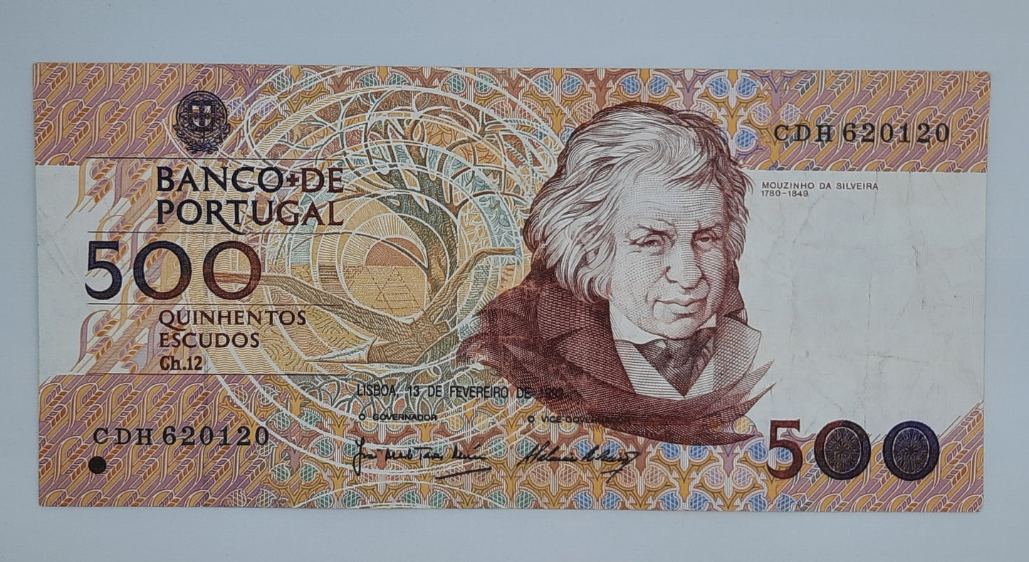 1992 Banco De PORTUGAL - 500 Portuguese Escudos Banknote Serial No. CDH 620120 P-180d