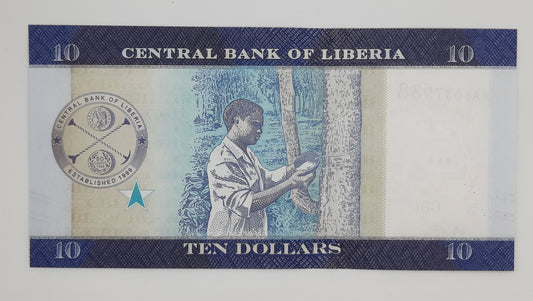 2016 Republic of Liberia - 10 (Ten) Liberian Dollars Serial No. AA 6037938 P-32a