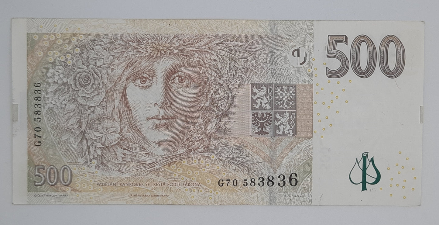 2009 Czech Republic, Ceska Narodni Banka - 500 Czech Korun /Koruna Banknote Serial No. G70 583836 P-24