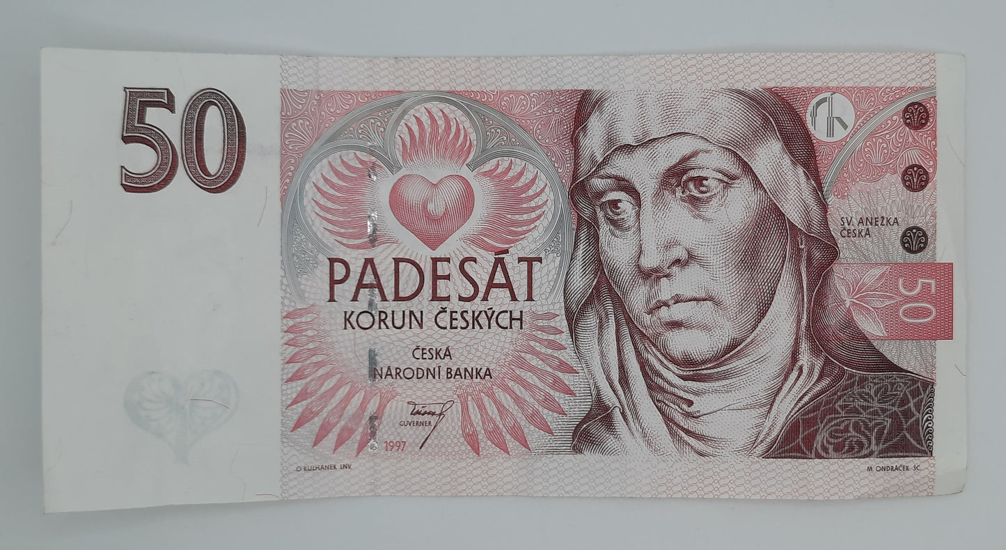 1997 Czech Republic, Ceska Narodni Banka - 50 Czech Korun /Koruna Banknote Serial No. E21 127254 P-17