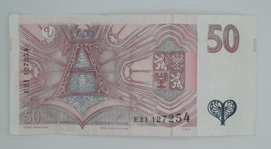1997 Czech Republic, Ceska Narodni Banka - 50 Czech Korun /Koruna Banknote Serial No. E21 127254 P-17