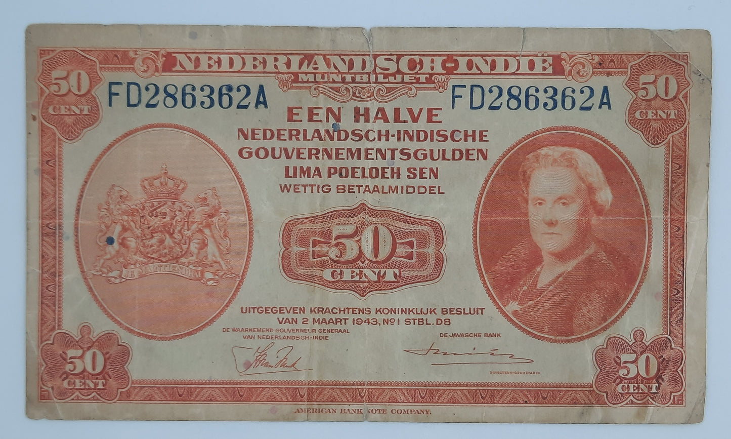 1943 Dutch East Indies, Nederlandsch Indies - 50 Cents / Cent Banknote Serial No. FD 286362 A P-110