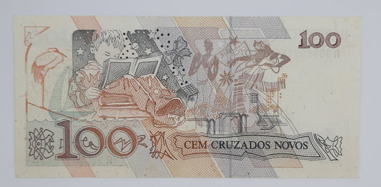 1990 Brazil, Banco Central Do Brasil - 100 Brazilian Cruzados Novos Banknote Serial No. A 3038053949 A P-220