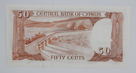 1983 Central Bank of Cyprus - 50 (Fifty) Cypriot Sent / Cents Banknote Serial NO. C 292777 P-52
