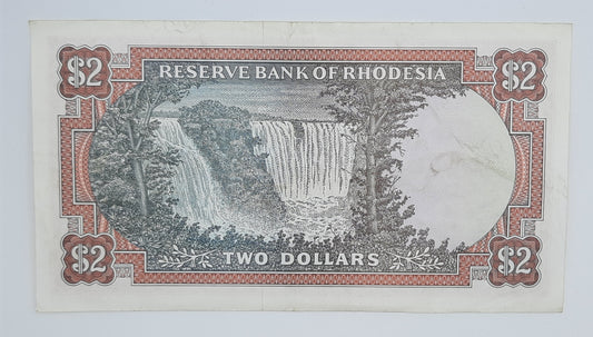 1970 Reserve Bank of Rhodesia, Zimbabwe - 2 (Two) Dollars Banknote Serial No. K41 670058 P-31a