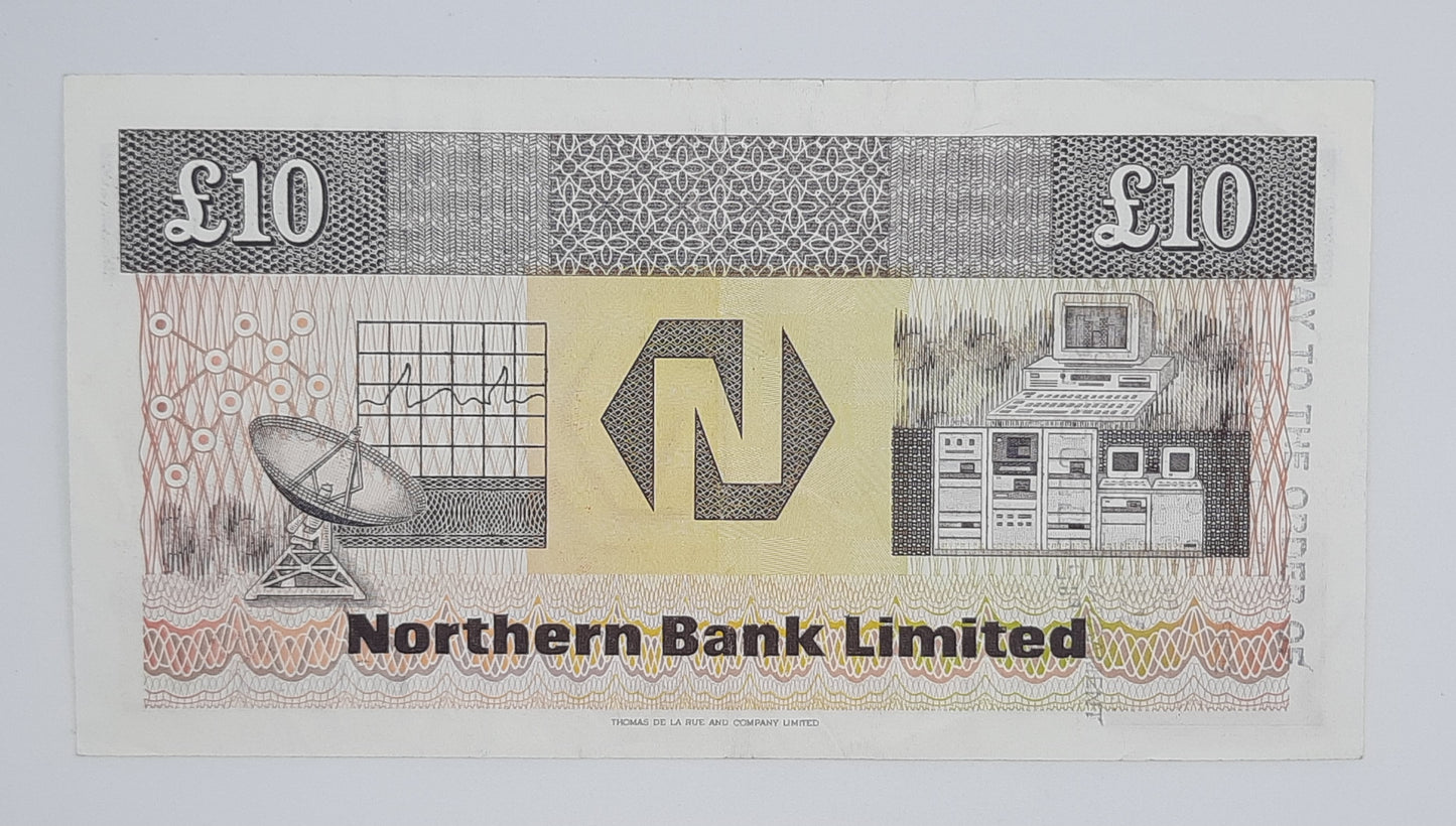 1988 Northern Bank Limited, Northern Ireland UK - 10 (Ten) Northern Irish Pounds Note Serial No. B 8001123 P-194