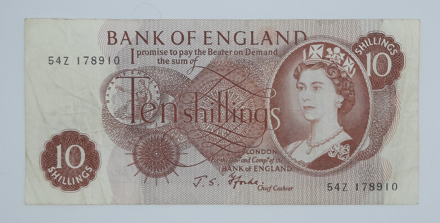 1966 Bank of ENGLAND, UK - 10 (Ten) British Shillings Banknote Serial No.54Z 178910 P-373c