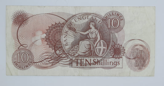 1966 Bank of ENGLAND, UK - 10 (Ten) British Shillings Banknote Serial No.54Z 178910 P-373c