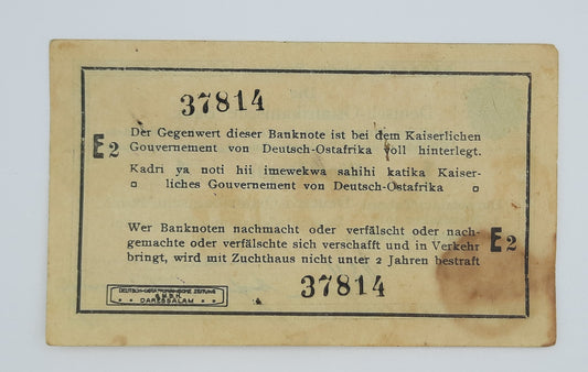 1915 German East Africa Deutsch-Ostafrikanische Bank - 1 (One) Rupie Banknote Serial No. E2 37814