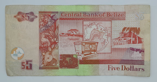 2011 Central Bank of Belize - 5 (Five) Belizean Dollars Banknote Serial No. DS 370708 P-67
