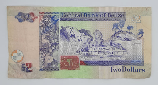 2011 Central Bank of Belize - 2 (Two) Belizean Dollars Banknote Serial No. DL 326003 P-66