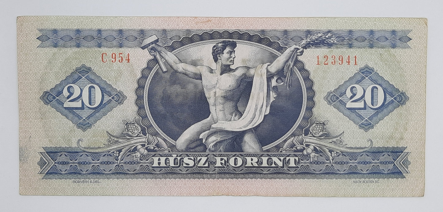 1975 Hungary, Magyar Nemzeti Bank - 20 Hungarian Forint HUF Banknote Serial No. C954 123941 P-169f