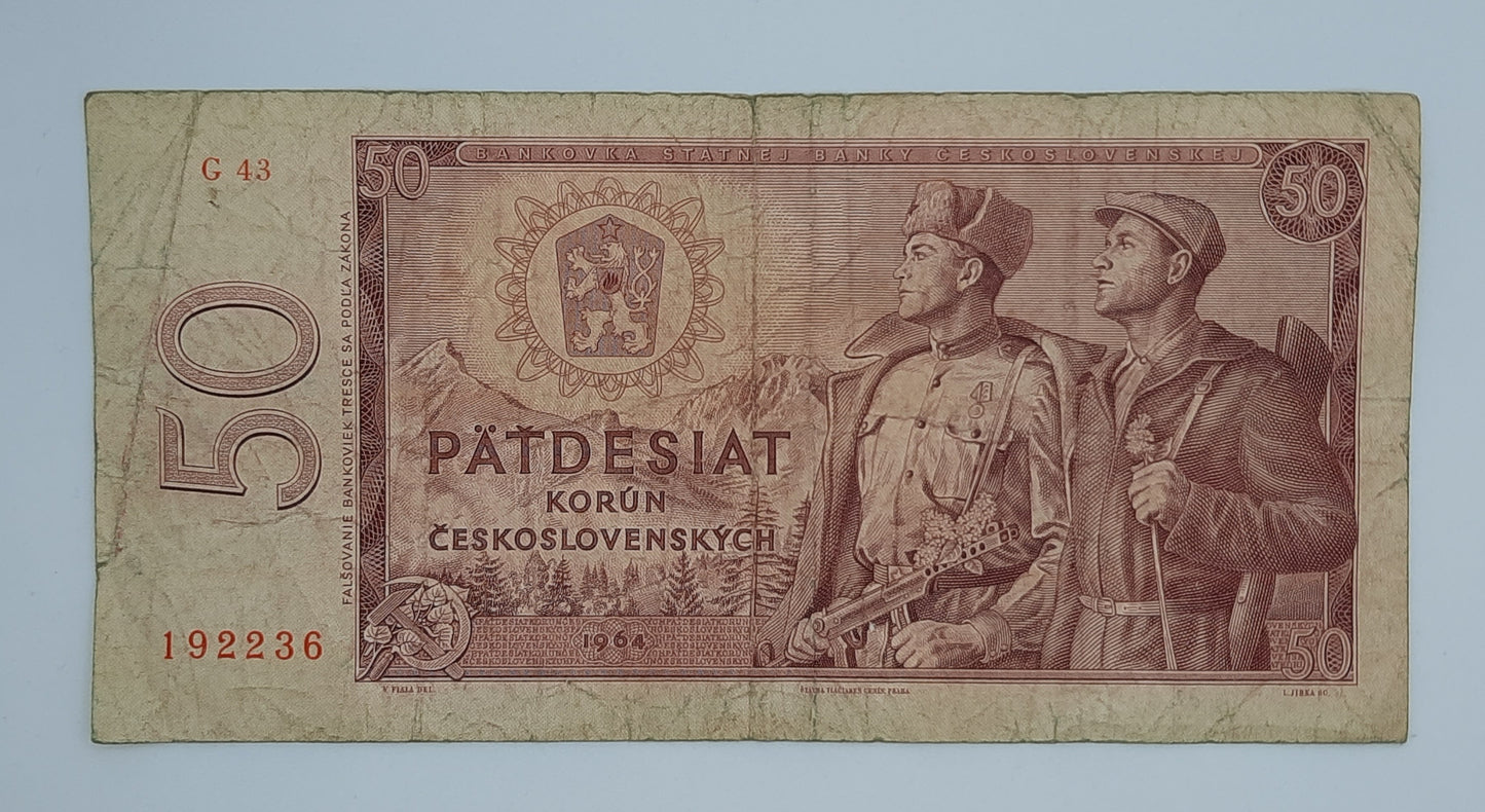 1964 States Bank of Czechoslovakia - 50 (Fifty) Korun Banknote, Serial No. G43 192236 P-90