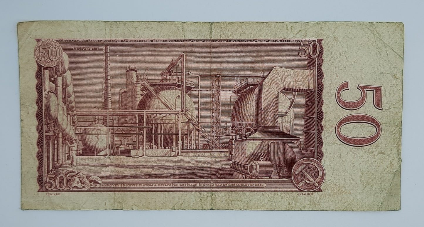 1964 States Bank of Czechoslovakia - 50 (Fifty) Korun Banknote, Serial No. G43 192236 P-90