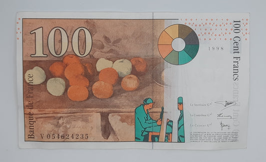 1998 Banque De France - 100 French Francs Banknote Serial No. V 054624235 P-158