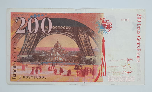 1996 Banque De France - 200 French Francs Banknote Serial No. P 009716505 P-159