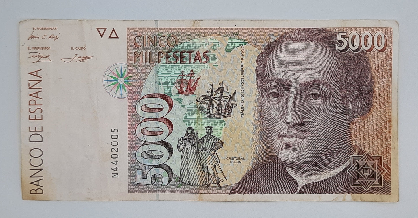 1992 Spain, Banco De Espana - 5000 Spanish Pesetas Banknote ESP Serial No N 4402005
