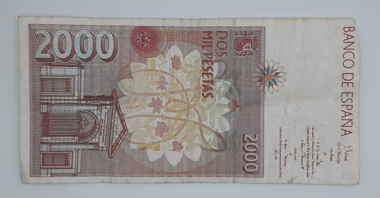1992 Spain, Banco De Espana - 2000 Spanish Pesetas Banknote ESP Serial No 5U 2102693 P-164