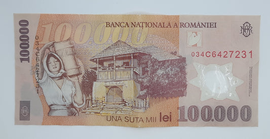 2001 - Romania, Banca Nationala A Romaniei - 100000 Romanian Lei Banknote Serial No. 034C 6427231 P-114