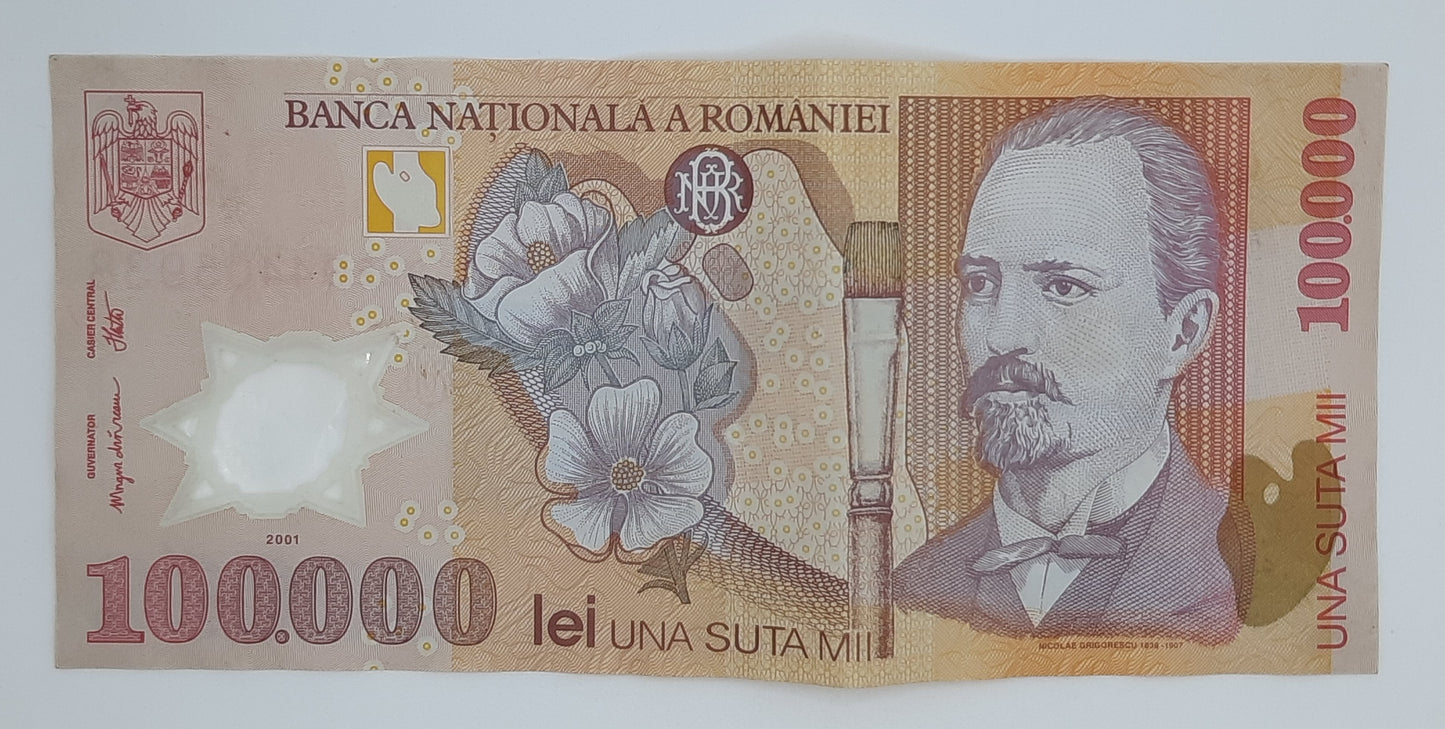 2001 - Romania, Banca Nationala A Romaniei - 100000 Romanian Lei Banknote Serial No. 022D 44045938 P-114