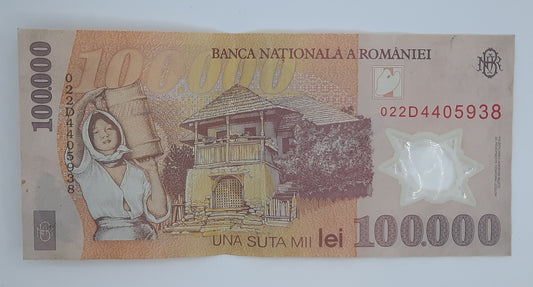 2001 - Romania, Banca Nationala A Romaniei - 100000 Romanian Lei Banknote Serial No. 022D 44045938 P-114