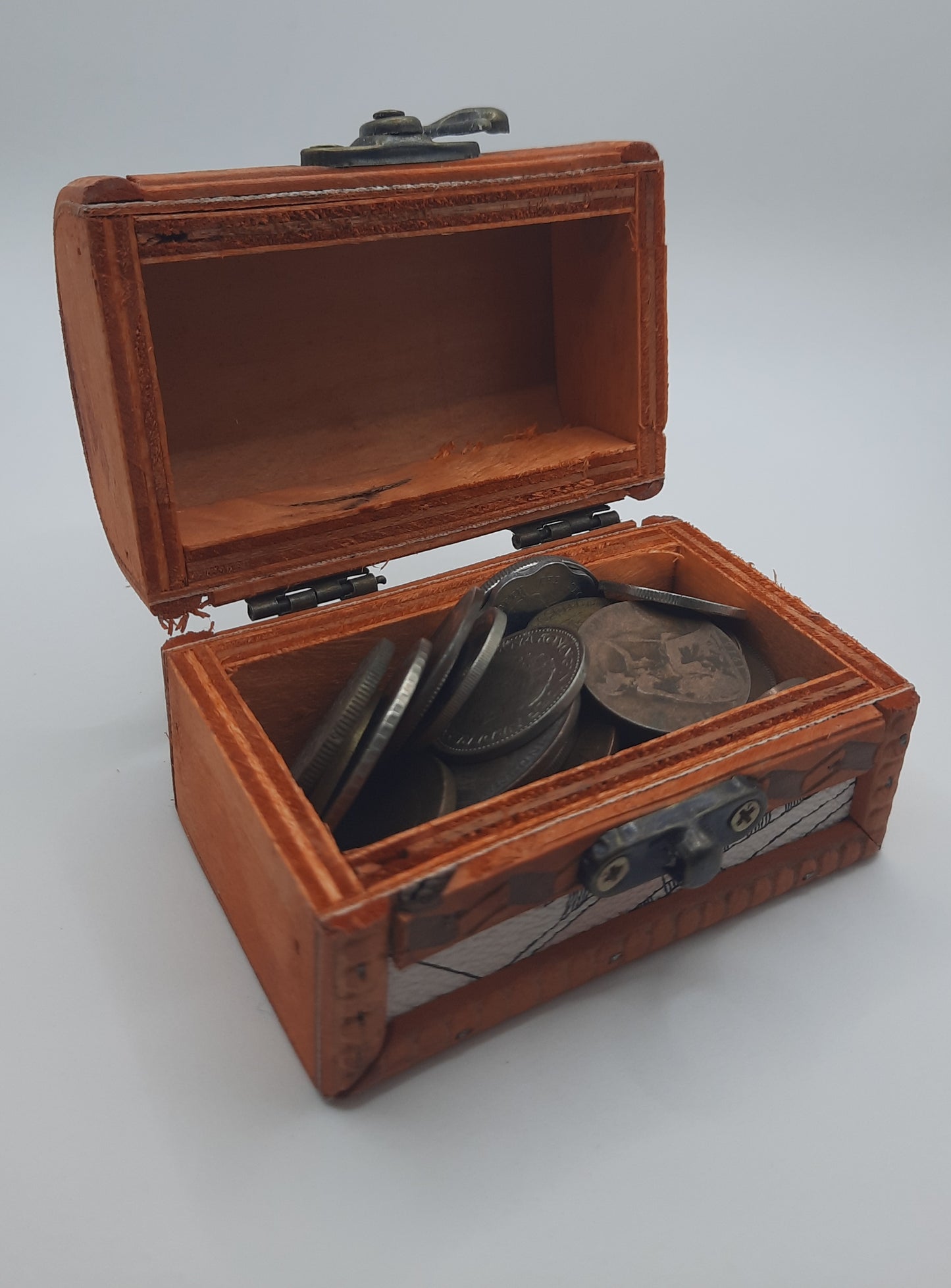 Mini Treasure Chest Starter Set – Wooden Keepsake Box Filled with World Coins