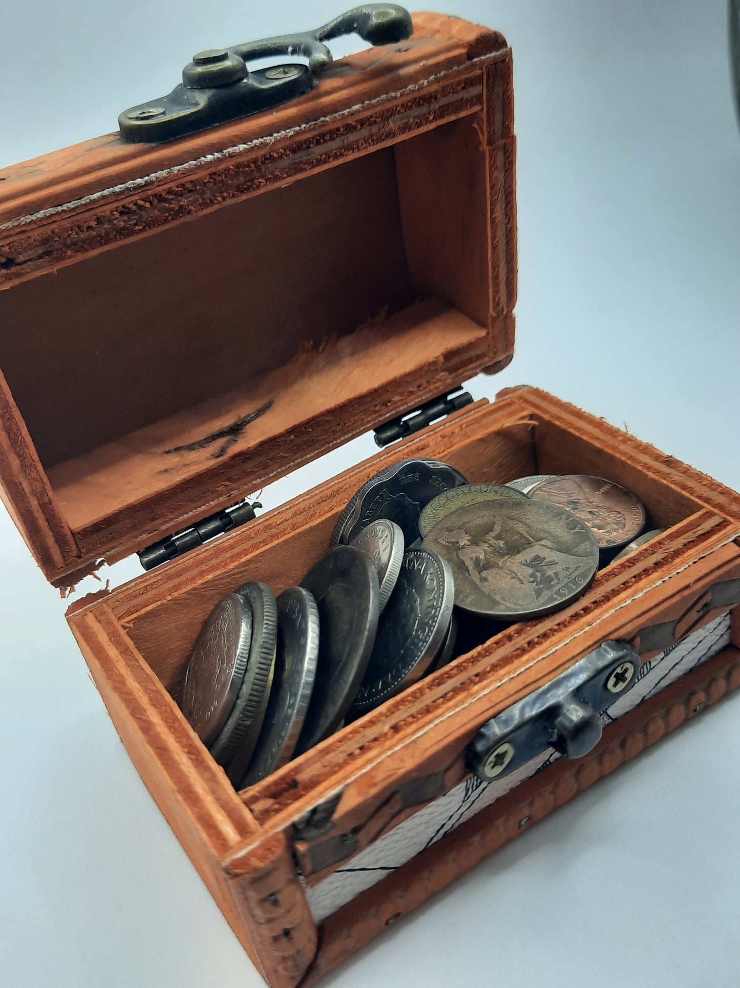 Mini Treasure Chest Starter Set – Wooden Keepsake Box Filled with World Coins