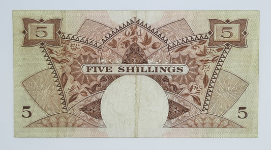 1958 East African Currency Board - 5 (Five) Shillings Banknote Serial NO. L 53255 P-37 Queen Elizabeth II