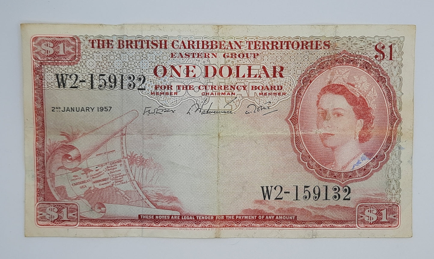 1957 British Caribbean Territories, Eastern Group - 1 (One) Dollar Banknote Serial No W2-159132 P-7b