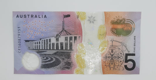 2016 Reserve Bank of Australia - 5 (Five) AUD Australian Dollar Banknote Serial No. CF 160879751 P-62a