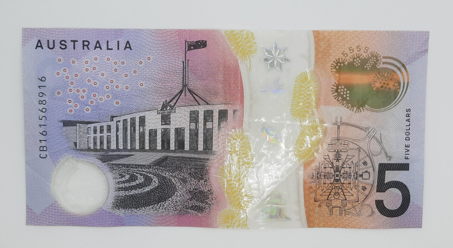 2016 Reserve Bank of Australia - 5 (Five) AUD Australian Dollar Banknote Serial No. CB 161568916 P-62a