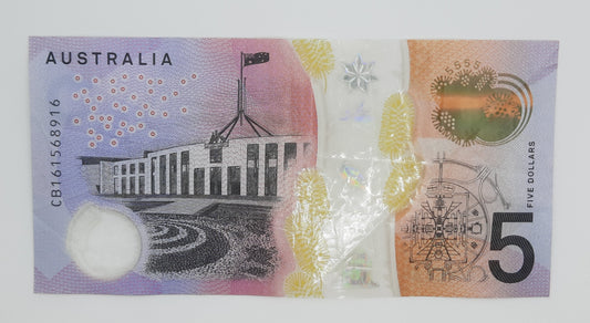 2016 Reserve Bank of Australia - 5 (Five) AUD Australian Dollar Banknote Serial No. CB 161568916 P-62a