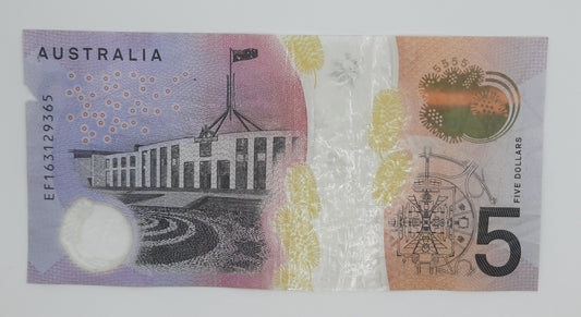 2016 Reserve Bank of Australia - 5 (Five) AUD Australian Dollar Banknote Serial No. EF 163129365 P-62a