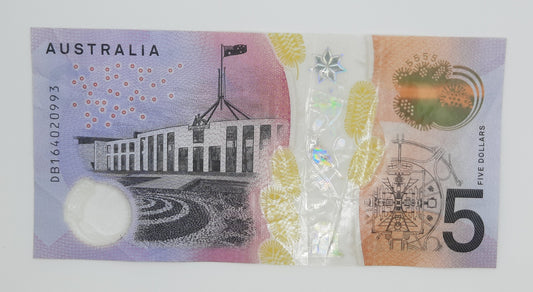 2016 Reserve Bank of Australia - 5 (Five) AUD Australian Dollar Banknote Serial No. DB 164020993 P-62a