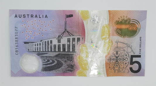 2016 Reserve Bank of Australia - 5 (Five) AUD Australian Dollar Banknote Serial No. CB 16388077 P-62a