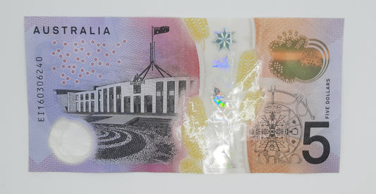 2016 Reserve Bank of Australia - 5 (Five) AUD Australian Dollar Banknote Serial No. EI 160306240 P-62a