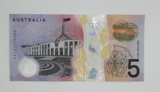 2016 Reserve Bank of Australia - 5 (Five) AUD Australian Dollar Banknote Serial No. EF 160200303 P-62a