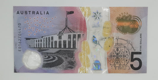2016 Reserve Bank of Australia - 5 (Five) AUD Australian Dollars Banknote Serial No. ED 162704470 P-62a